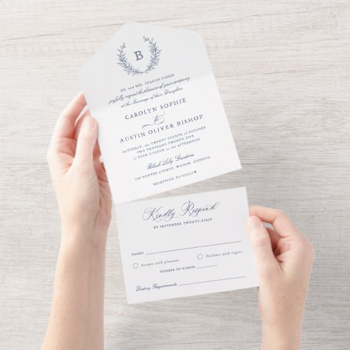 Elegant Laurel Wreath Blue Wedding Monogram Crest All In One Invitation
