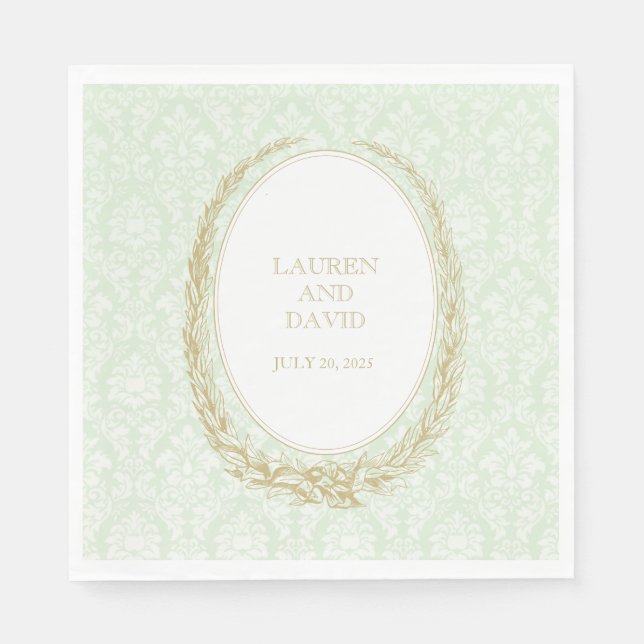 Elegant Laurel Wreath | Green Damask Napkins (Front)
