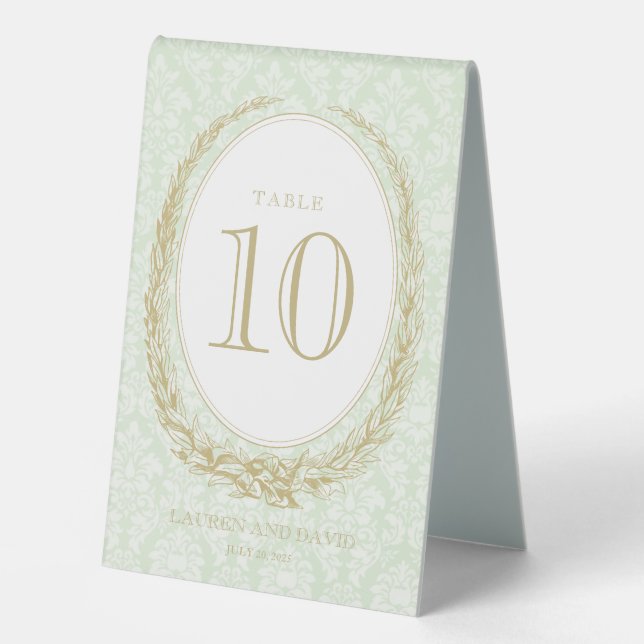 Elegant Laurel Wreath | Green Damask Table Tent (Front)