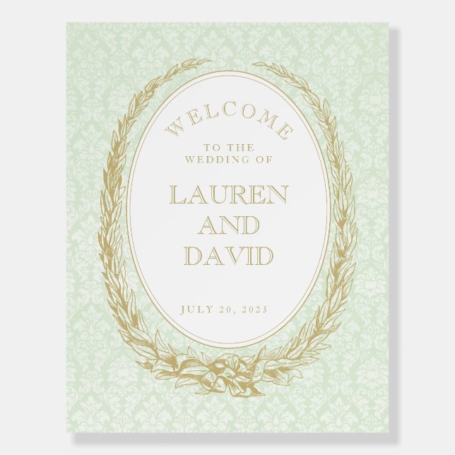 Elegant Laurel Wreath | Green Damask Welcome Foam Board (Front)