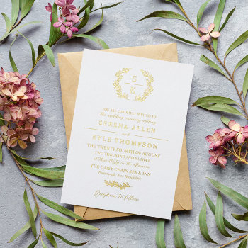 Elegant Laurel Wreath Monogram Typography Wedding Foil Invitation by Paperpaperpaper at Zazzle
