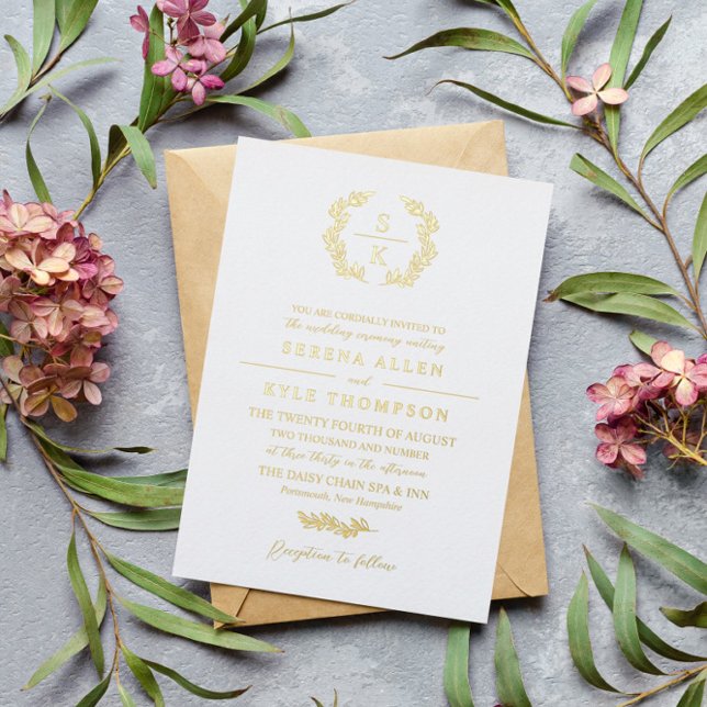 Elegant Laurel Wreath Monogram Typography Wedding Foil Invitation (Creator Uploaded)