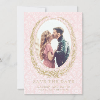 Elegant Laurel Wreath | Pink Damask Photo Save The Date