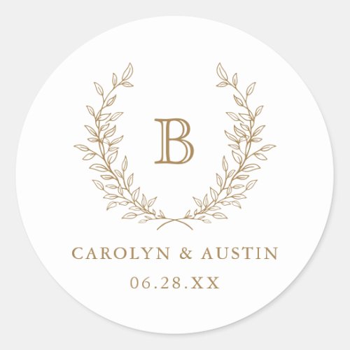 Elegant Laurel Wreath Wedding Monogram Envelope Classic Round Sticker