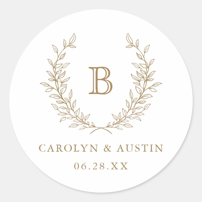 Elegant Laurel Wreath Wedding Monogram Envelope Classic Round Sticker (Front)