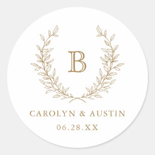 Elegant Laurel Wreath Wedding Monogram Envelope Classic Round Sticker