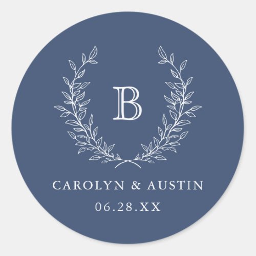 Elegant Laurel Wreath Wedding Monogram Navy Blue Classic Round Sticker