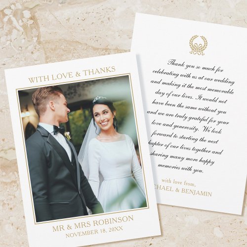 Elegant Laurel Wreath Wedding Photo Gold Flat Card