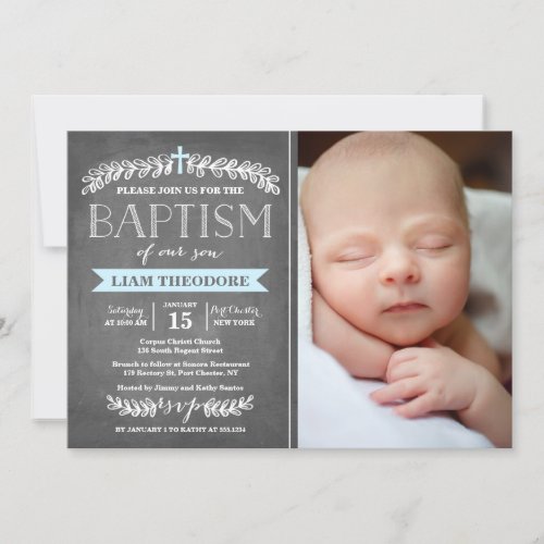 Elegant Laurels Blue  Baptism Invitation