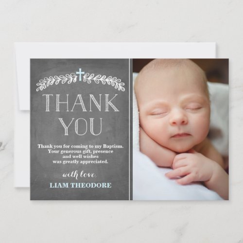 Elegant Laurels Blue  Baptism Photo Thank You