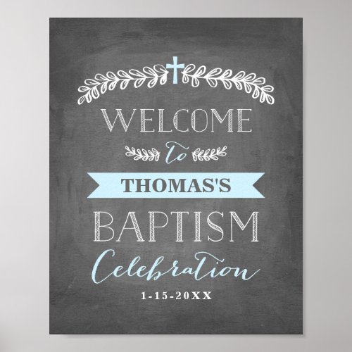 Elegant Laurels Blue  Baptism Welcome Sign Poster