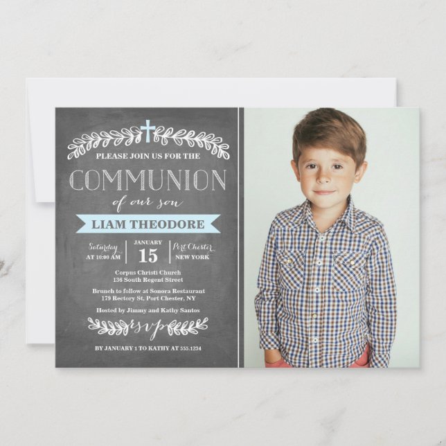Elegant Laurels Blue | Communion Invitation (Front)