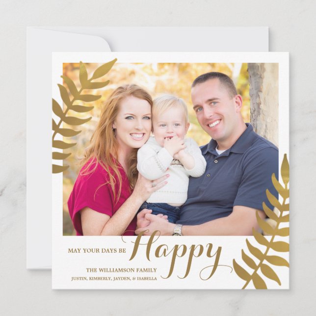Elegant Laurels Happy Modern Photo | Gold Holiday Card (Front)