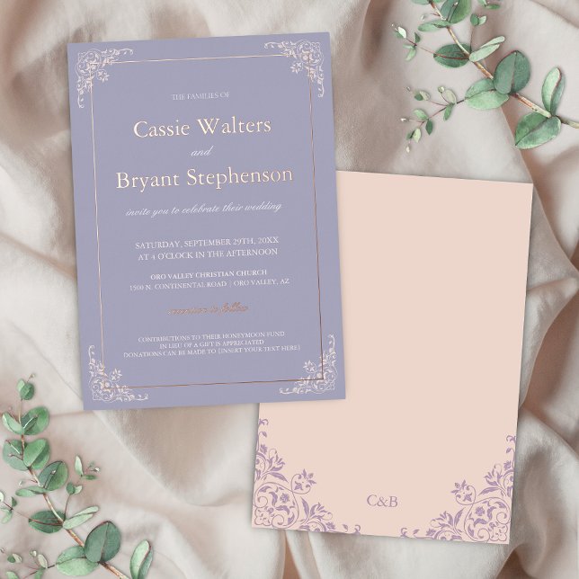Elegant Lavendar Blush Pink Minimal Wedding Foil Invitation (lavender purple and blush pink with rose gold foil wedding invitations for romantic garden events)