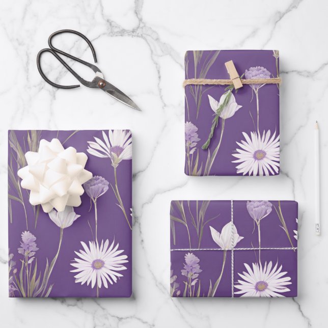 Elegant Lavendar White Boho Wildflower Floral Wrapping Paper Sheets (Front)