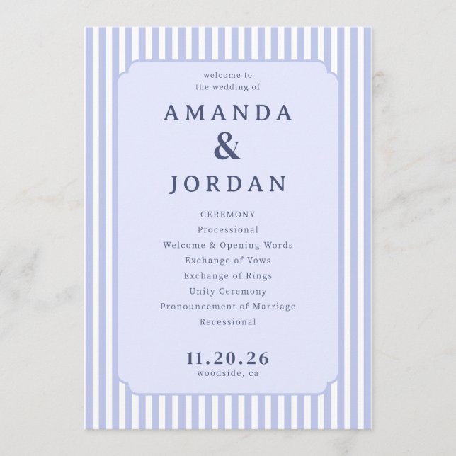Elegant Lavender and Blue Wedding Ceremony Schedul Program (Front)