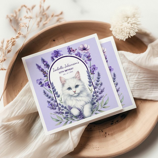 Elegant Lavender and Cat Birthday Napkins (Creator Uploaded)