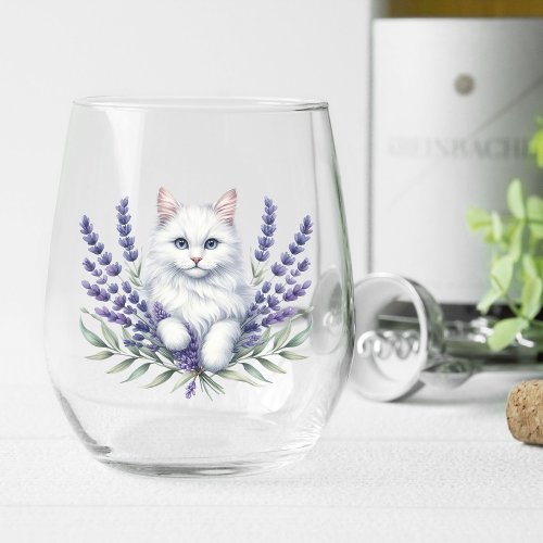 Elegant Lavender and Cat Birthday Stemless Wine Glass