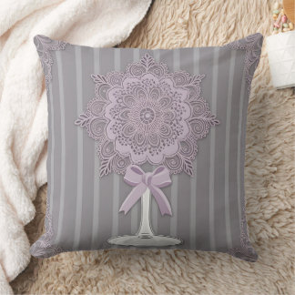 Elegant Lavender and Gray Striped Coquette Bow Throw Pillow
