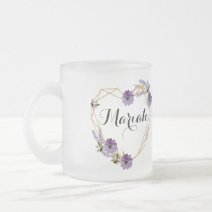 Elegant Lavender and Lilac Floral Heart Frosted Glass Coffee Mug