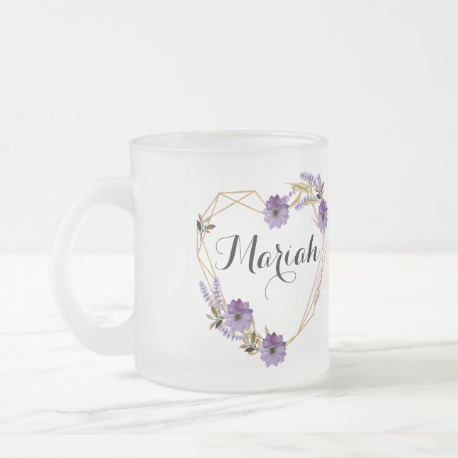 Elegant Lavender and Lilac Floral Heart Frosted Glass Coffee Mug (Left)