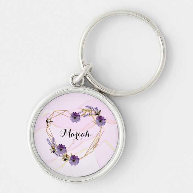 Elegant Lavender and Lilac Floral Heart Keychain (Front)