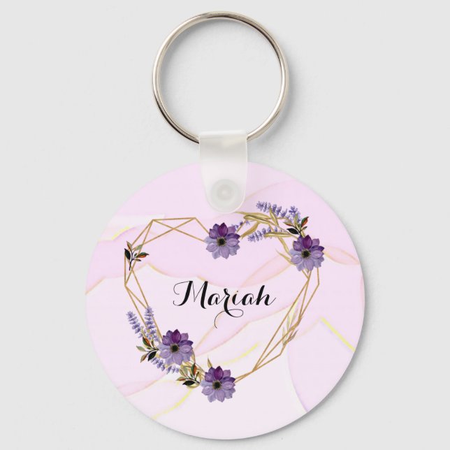 Elegant Lavender and Lilac Floral Heart Keychain (Front)