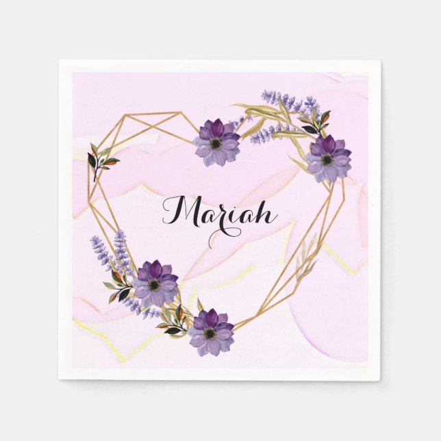 Elegant Lavender and Lilac Floral Heart Napkins (Front)