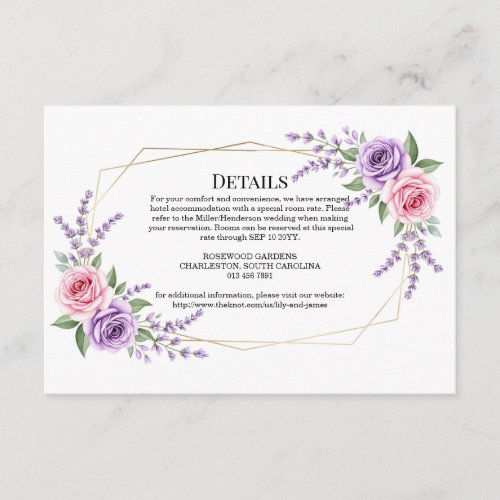 Elegant Lavender and Pink Floral Geometric Wedding Enclosure Card