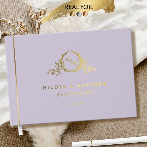 Elegant Lavender and Real Foil Monogram Wedding Foil Guest Book