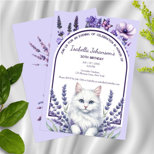 Elegant Lavender and White Cat Birthday Invitation