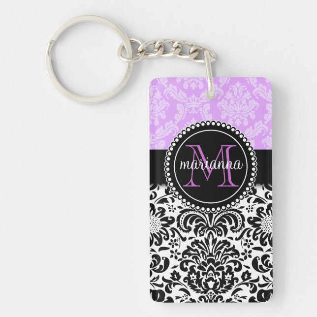 Elegant Lavender Black Damask Personalized Keychain (Front)