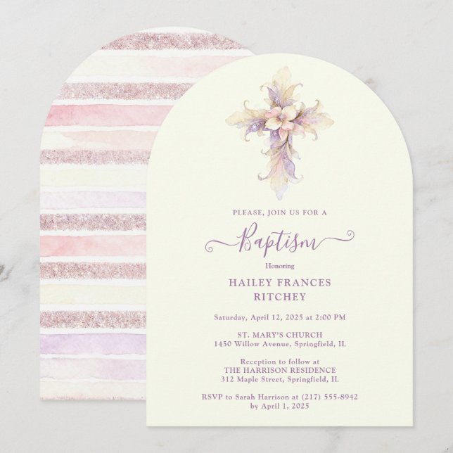 Elegant Lavender Blooms Cross Christian Baptism Invitation (Front/Back)