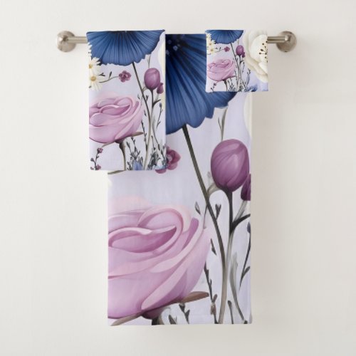 Elegant Lavender Blue White Flower Garden Floral  Bath Towel Set