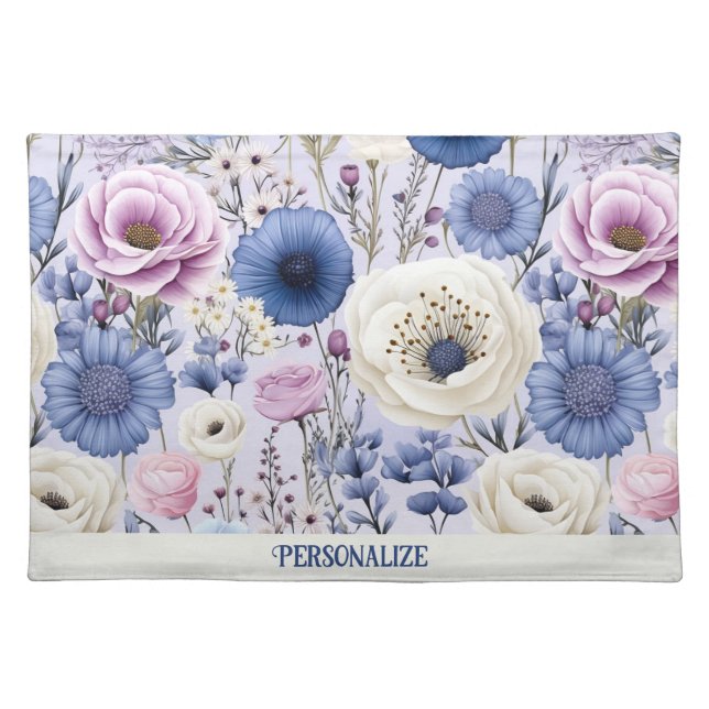 Elegant Lavender Blue White Flower Garden Floral  Cloth Placemat (Front)