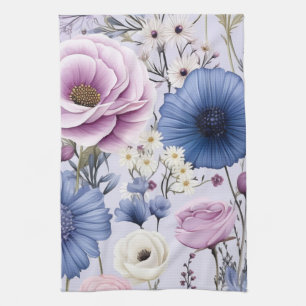 Elegant Lavender Blue White Flower Garden Floral Kitchen Towel