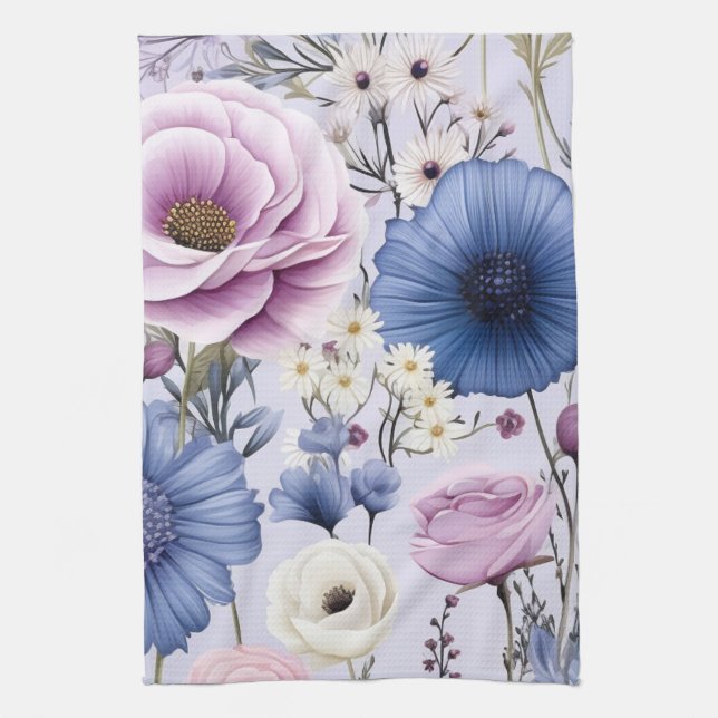 Elegant Lavender Blue White Flower Garden Floral  Kitchen Towel (Vertical)