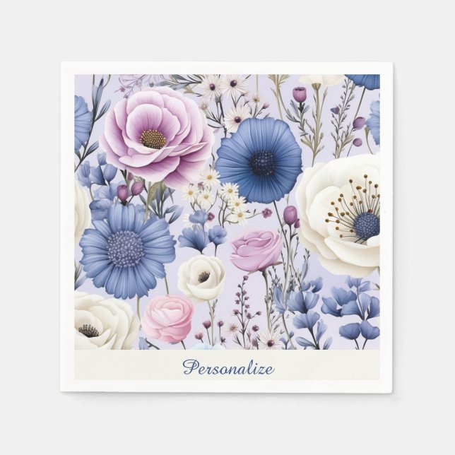 Elegant Lavender Blue White Flower Garden Floral  Napkins (Front)
