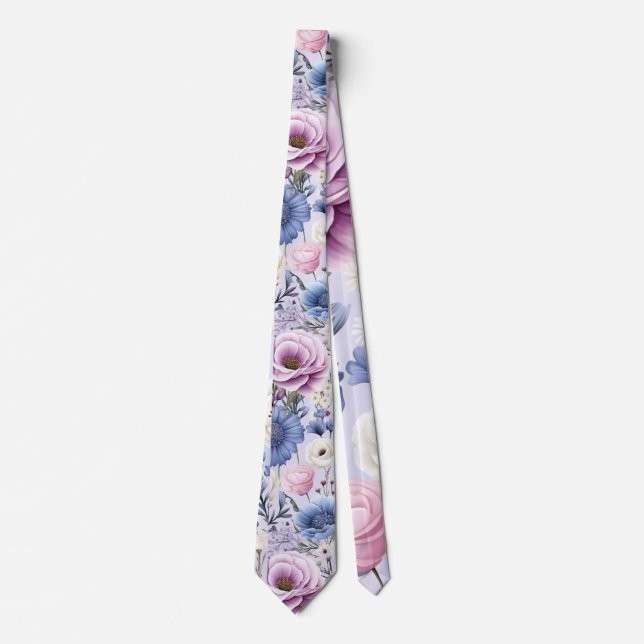 Elegant Lavender Blue White Flower Garden Floral  Neck Tie (Front)