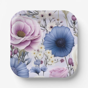 Elegant Lavender Blue White Flower Garden Floral  Paper Plates