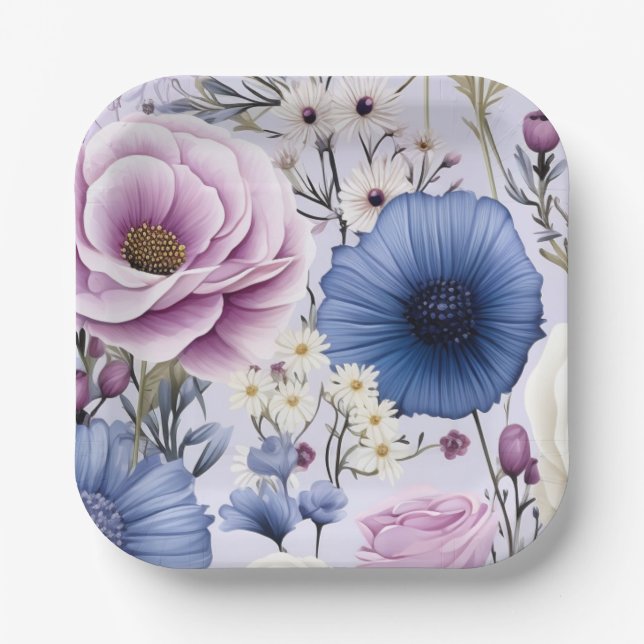 Elegant Lavender Blue White Flower Garden Floral  Paper Plates (Front)