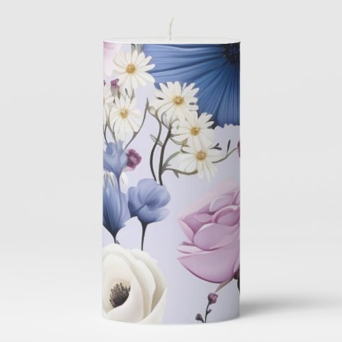 Elegant Lavender Blue White Flower Garden Floral  Pillar Candle