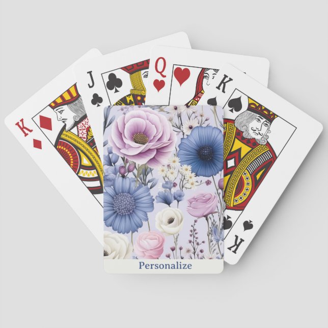 Elegant Lavender Blue White Flower Garden Floral  Poker Cards (Back)