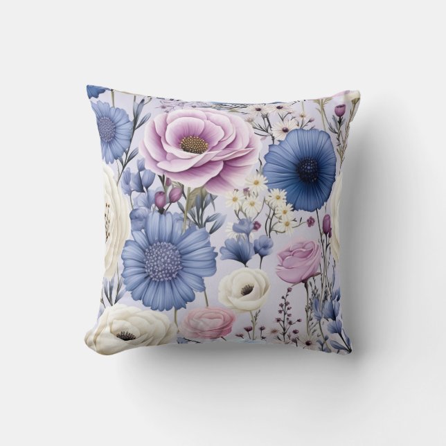 Elegant Lavender Blue White Flower Garden Floral  Throw Pillow (Front)
