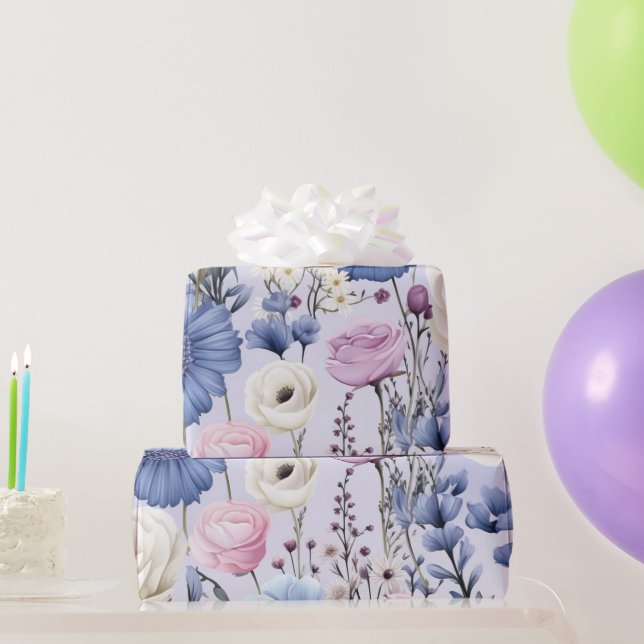 Elegant Lavender Blue White Flower Garden Floral  Wrapping Paper (Party Gifts)