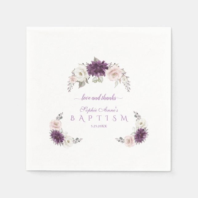 Elegant Lavender Blush White Floral Baptism Napkins (Front)