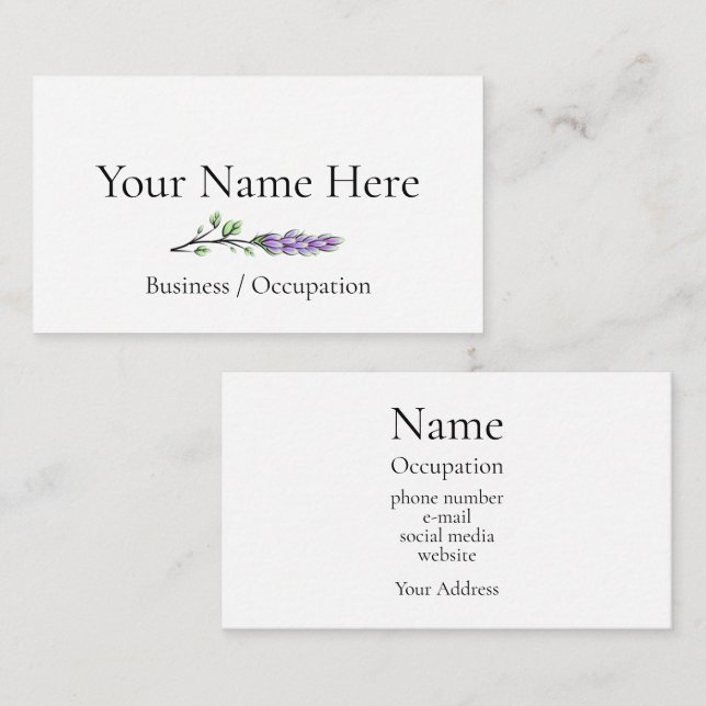 Elegant lavender botanical greenery business card (Front/Back)