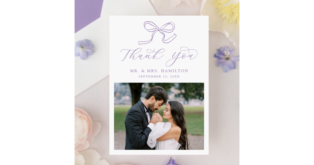 Elegant Lavender Bow Photo Wedding Thank You Card | Zazzle
