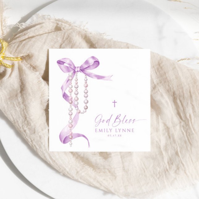 Elegant Lavender Bow & Rosary Baptism Napkins (Creator Uploaded)