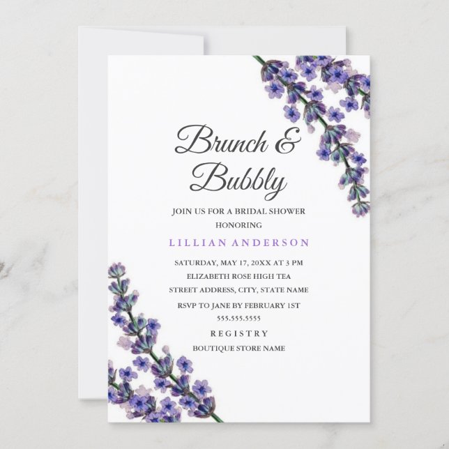 Elegant Lavender Brunch and Bubbly Bridal Shower Invitation (Front)